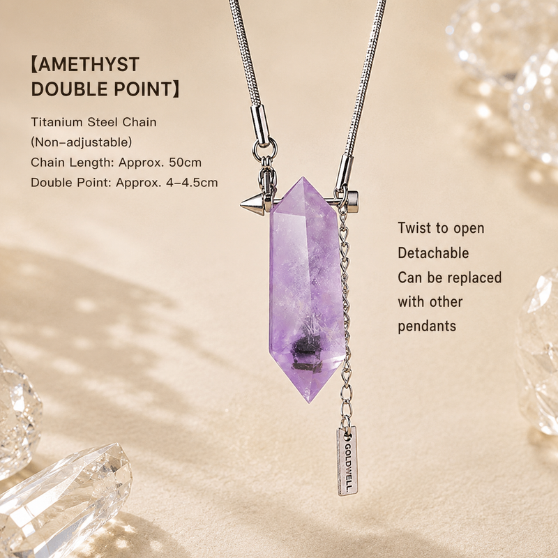 Brazilian Amethyst double point crystal necklace size and details with natural purple crystal pendant and titanium steel chain
