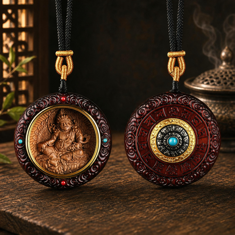 Yellow Jambhala sandalwood pendant with 12 Chinese Zodiac spinning disk