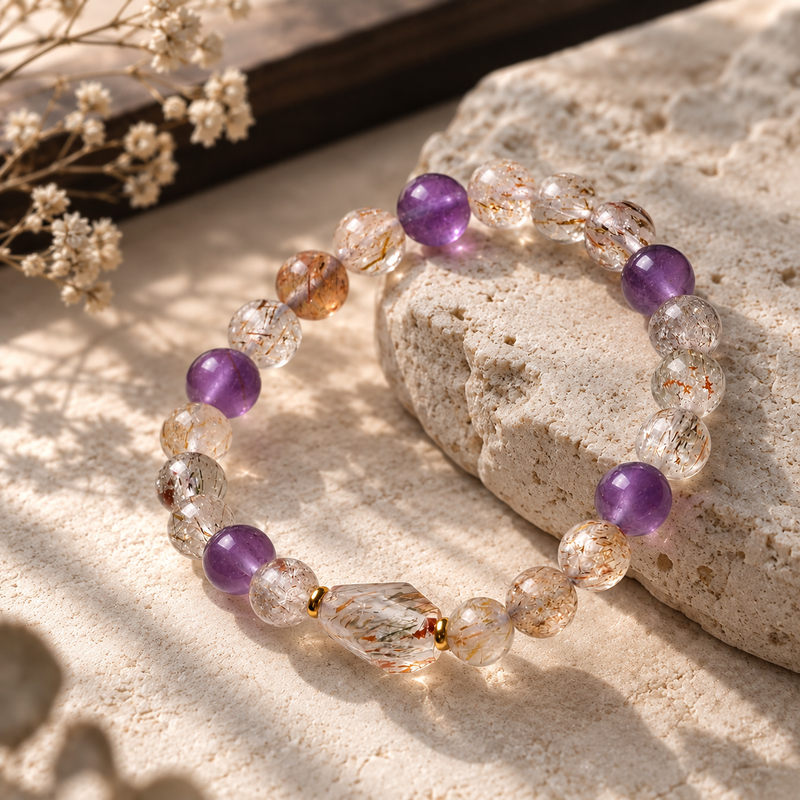 Natural Super Seven and Amethyst bracelet with freeform focal bead