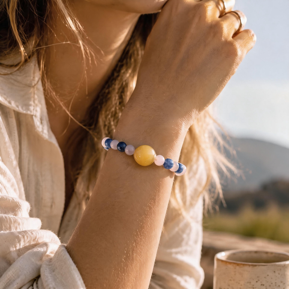 Libra crystal bracelet worn on wrist featuring Rose Quartz and Kyanite gemstones