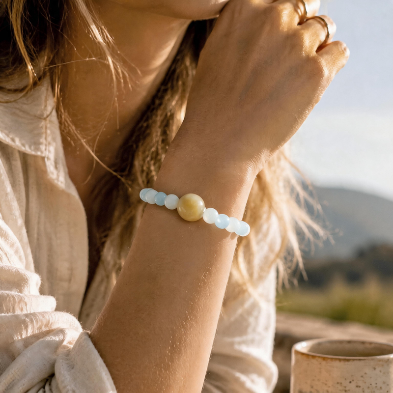 Cancer crystal bracelet worn on wrist featuring White Moonstone and Aquamarine gemstones