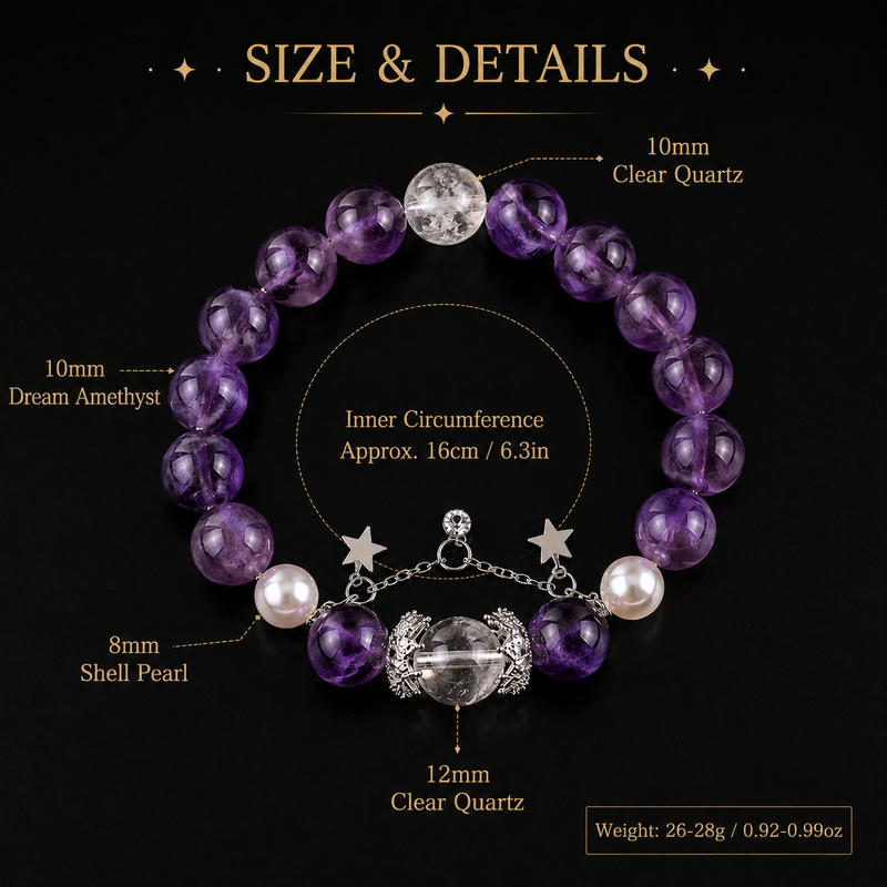 Amethyst and clear quartz bracelet size and gemstone details