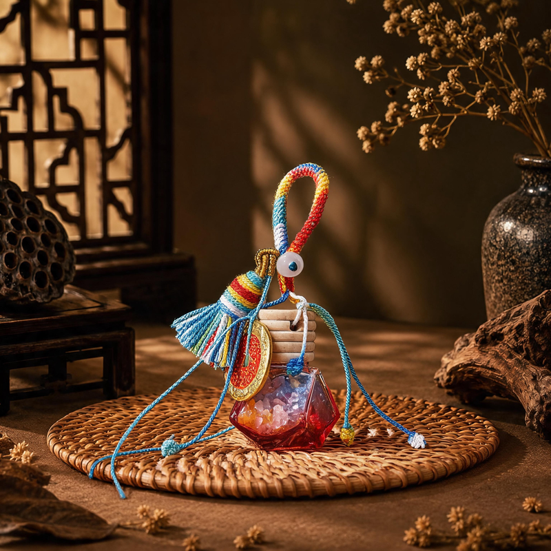 Five Elements crystal wishing bottle charm with multicolor tassel, red bottle and crystal chips
