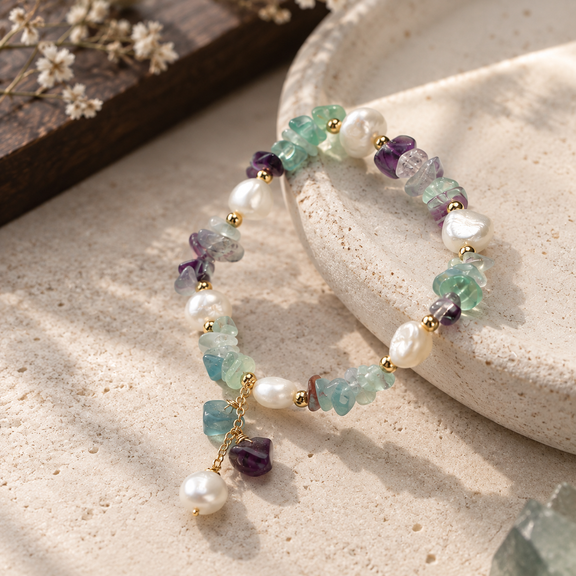Colorful fluorite and baroque freshwater pearl bracelet displayed at an angle