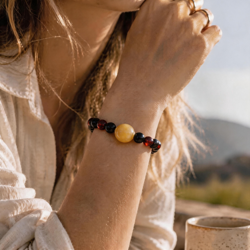 Scorpio crystal bracelet worn on wrist featuring Obsidian and Garnet gemstones