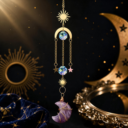 Celestial hanging ornament with natural Amethyst crescent moon pendant