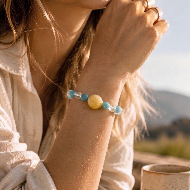 Virgo crystal bracelet worn on wrist featuring Amazonite and Clear Quartz gemstones
