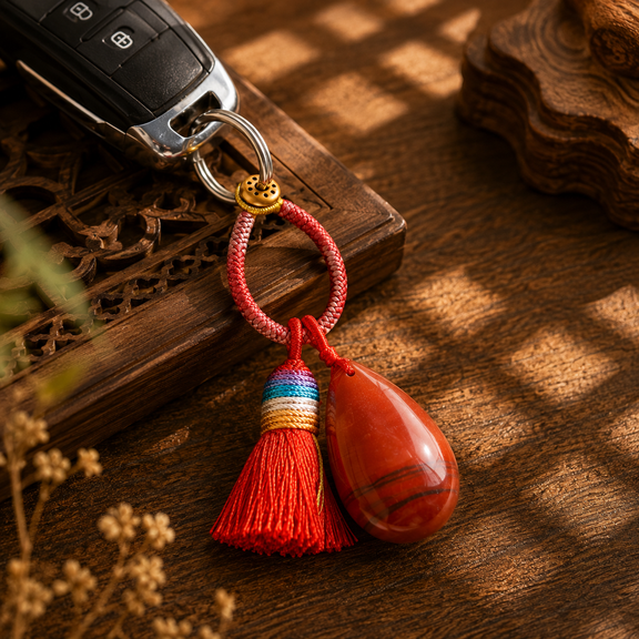 Natural crystal tassel keychain attached to car keys with colorful handwoven cord and tassel