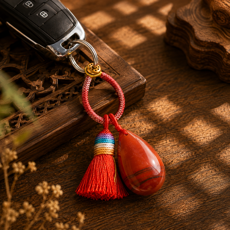 Natural crystal tassel keychain attached to car keys with colorful handwoven cord and tassel