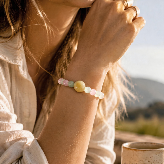 Taurus crystal bracelet worn on wrist featuring Prehnite and Rose Quartz gemstones