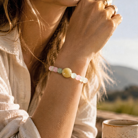 Taurus crystal bracelet worn on wrist featuring Prehnite and Rose Quartz gemstones