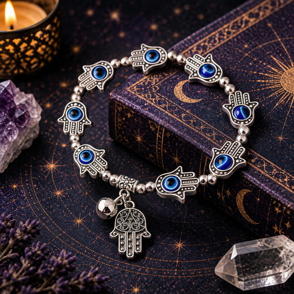 Hamsa hand evil eye bracelet with blue resin details and silver-tone charms