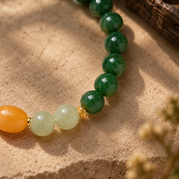 Close-up of Green Nephrite Jade, Hetian Jade, amber and gold-plated silver accents