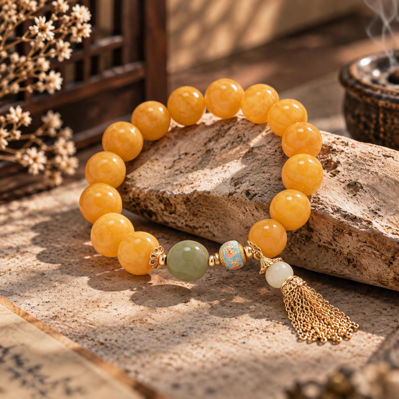 12 mm amber bead bracelet with Hetian jade and gold tassel