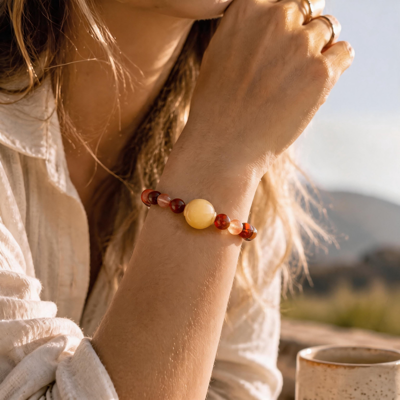 Aries crystal bracelet worn on wrist with Red Agate and Sunstone gemstones