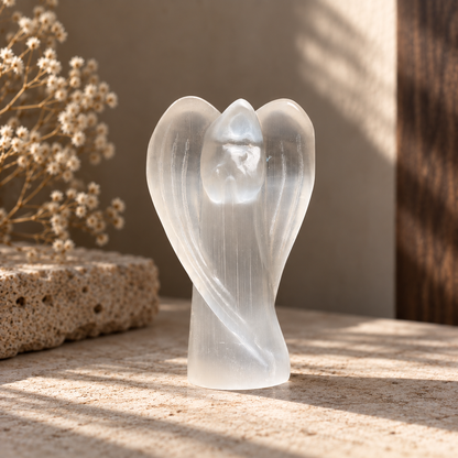 Small Moroccan selenite guardian angel crystal carving