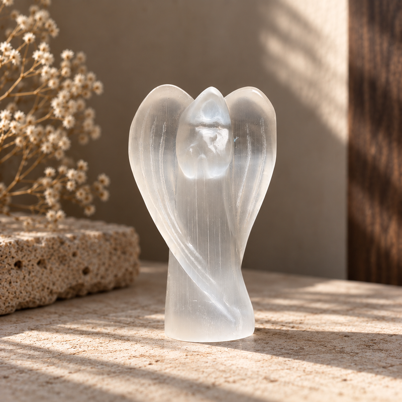 Small Moroccan selenite guardian angel crystal carving
