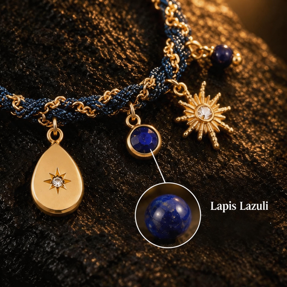 Close-up of single natural lapis lazuli accent on celestial bracelet