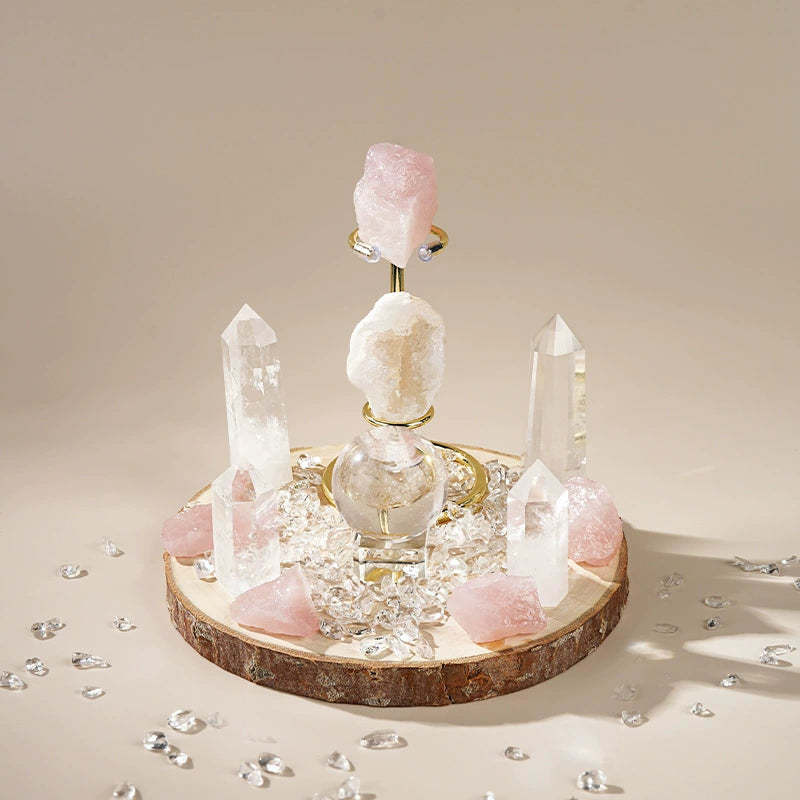 Rose Quartz and Clear Quartz crystal grid set with natural wood base