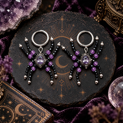 Amethyst and black spinel spider earrings with silver-tone accents
