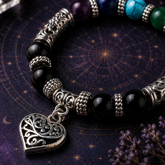 Ornate heart charm and silver-tone details on mixed crystal bracelet