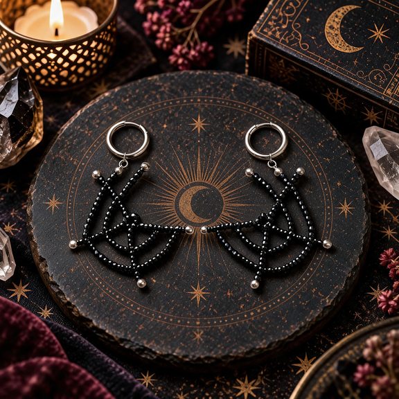 Black spinel spiderweb earrings with silver-tone hoop design