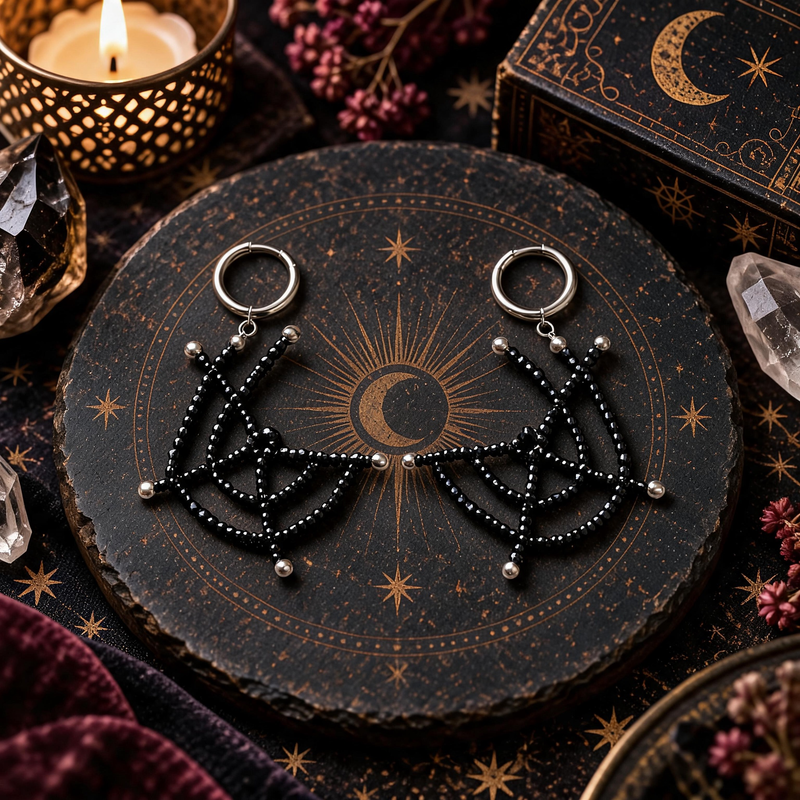 Black spinel spiderweb earrings with silver-tone hoop design