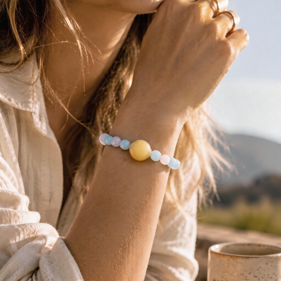 Pisces crystal bracelet worn on wrist featuring Aquamarine and Kunzite gemstones