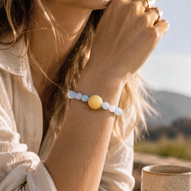 Pisces crystal bracelet worn on wrist featuring Aquamarine and Kunzite gemstones