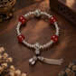 12mm Red Agate gemstone tassel bracelet with silver-tone accents