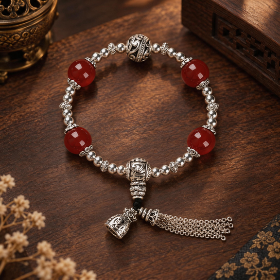 12mm Red Agate gemstone tassel bracelet with silver-tone accents