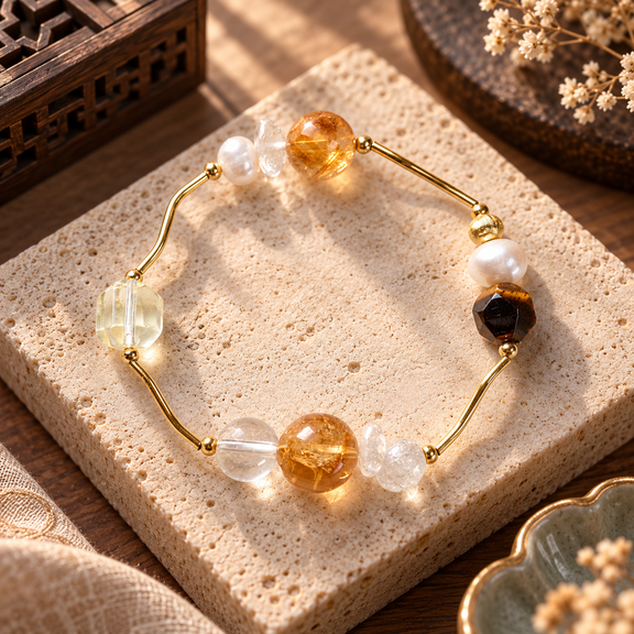 Earth Stability Five Elements bracelet with Yellow Azeztulite, Tiger’s Eye and Clear Quartz