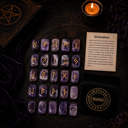 Amethyst crystal rune stones for divination with gold engraved symbols and rune pouch
