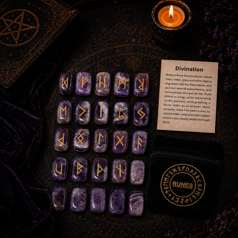 Amethyst crystal rune stones for divination with gold engraved symbols and rune pouch