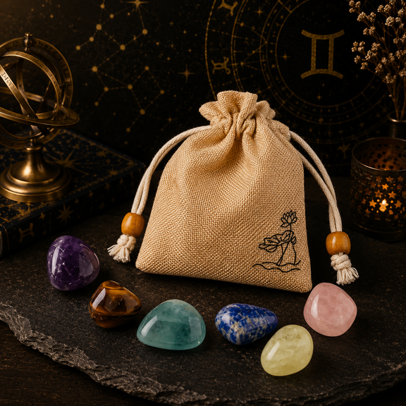 Gemini zodiac crystal set with natural stones and drawstring pouch