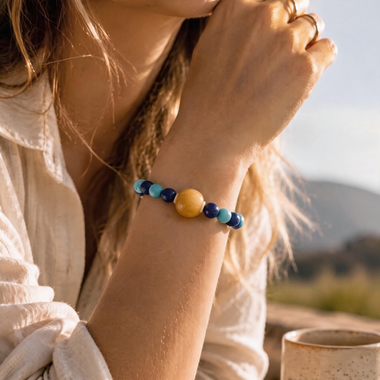 Sagittarius crystal bracelet worn on wrist featuring Lapis Lazuli and Treated Turquoise gemstones