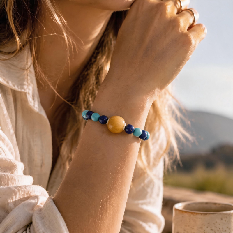 Sagittarius crystal bracelet worn on wrist featuring Lapis Lazuli and Treated Turquoise gemstones