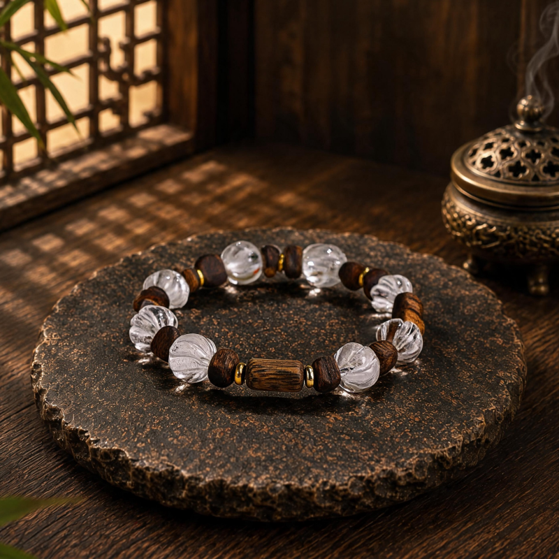 Clear quartz and agarwood bracelet displayed on a dark textured stone surface