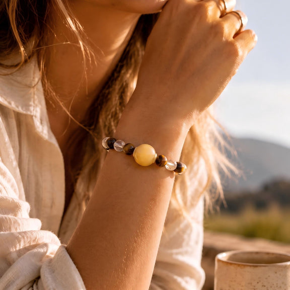 Leo crystal bracelet worn on wrist featuring Tiger's Eye and Faceted Citrine gemstones