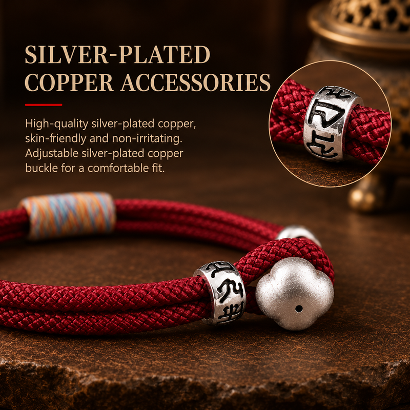 Close-up of silver-plated copper details on Persimmon Wish red cord bracelet