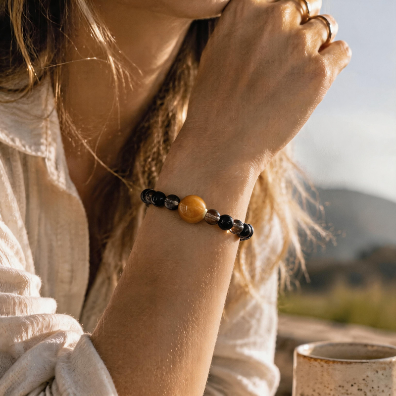Capricorn crystal bracelet worn on wrist featuring Smoky Quartz and Obsidian gemstones