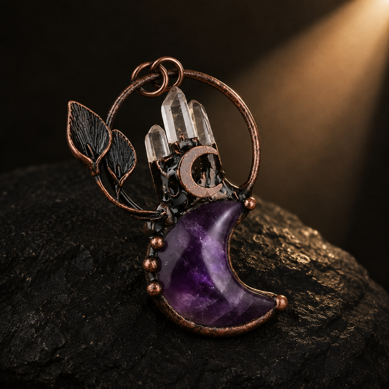 Natural amethyst moon pendant with crystal points and vintage botanical details