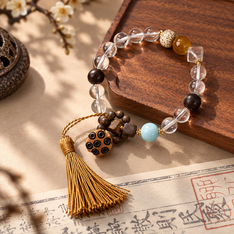 Clear quartz agarwood and larimar tassel bracelet in Eastern-inspired setting