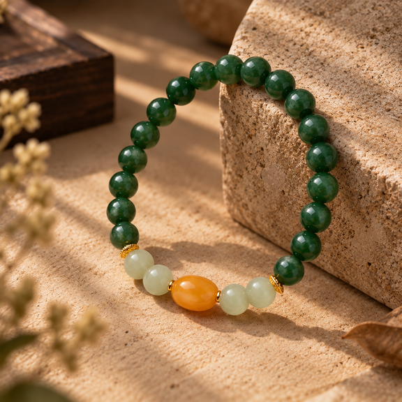 Green Nephrite Jade bracelet with Hetian Jade and amber focal bead