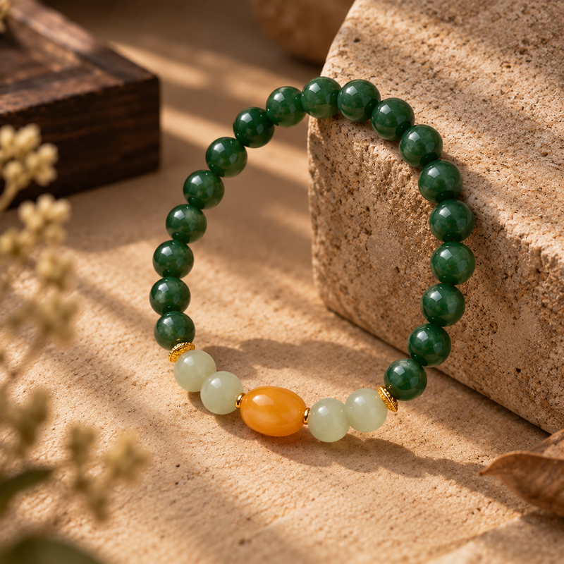 Green Nephrite Jade bracelet with Hetian Jade and amber focal bead