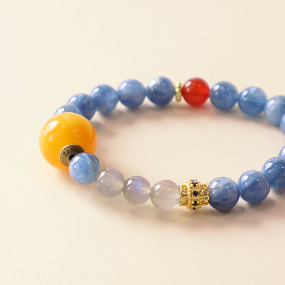 Close Up of Stellar Flow Natural Crystal Bracelet with Kyanite Moonstone Red Agate Silver Obsidian Design