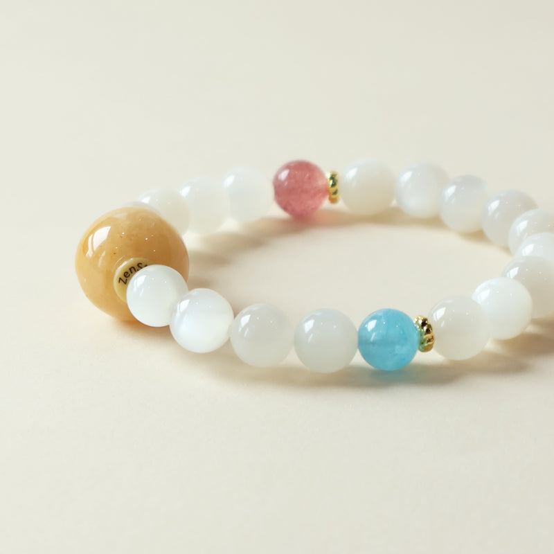 LUNAR BLISS Moonstone Strawberry Quartz Blue Chalcedony Bracelet Close Up Crystal Details