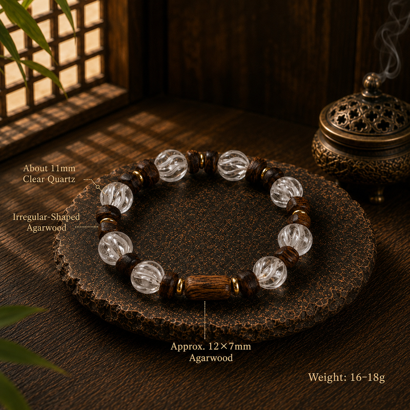 Clear quartz and agarwood bracelet with bead size and material details