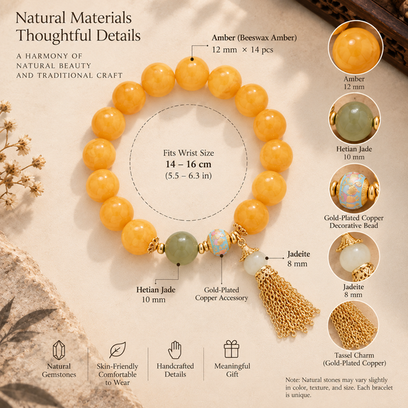 Amber Hetian jade and jadeite tassel bracelet material and size details