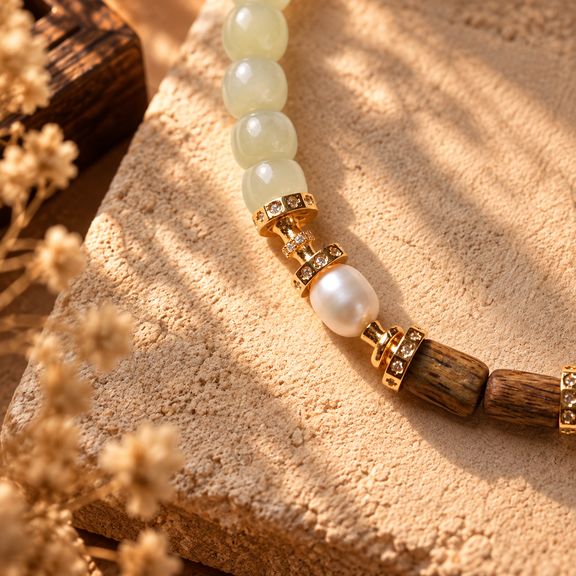 Close-up of Hetian jade, freshwater pearl and agarwood bracelet details